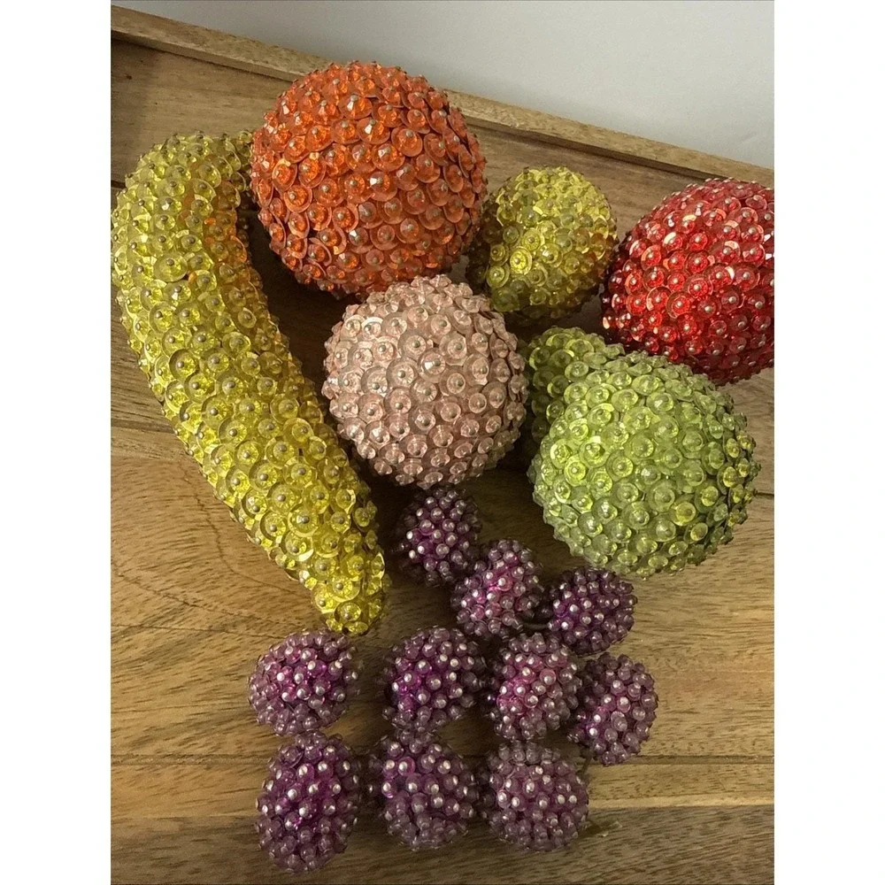 Vintage Mid-Century Modern Push Pin Beaded Sequin Fruit Centerpiece Set of 16